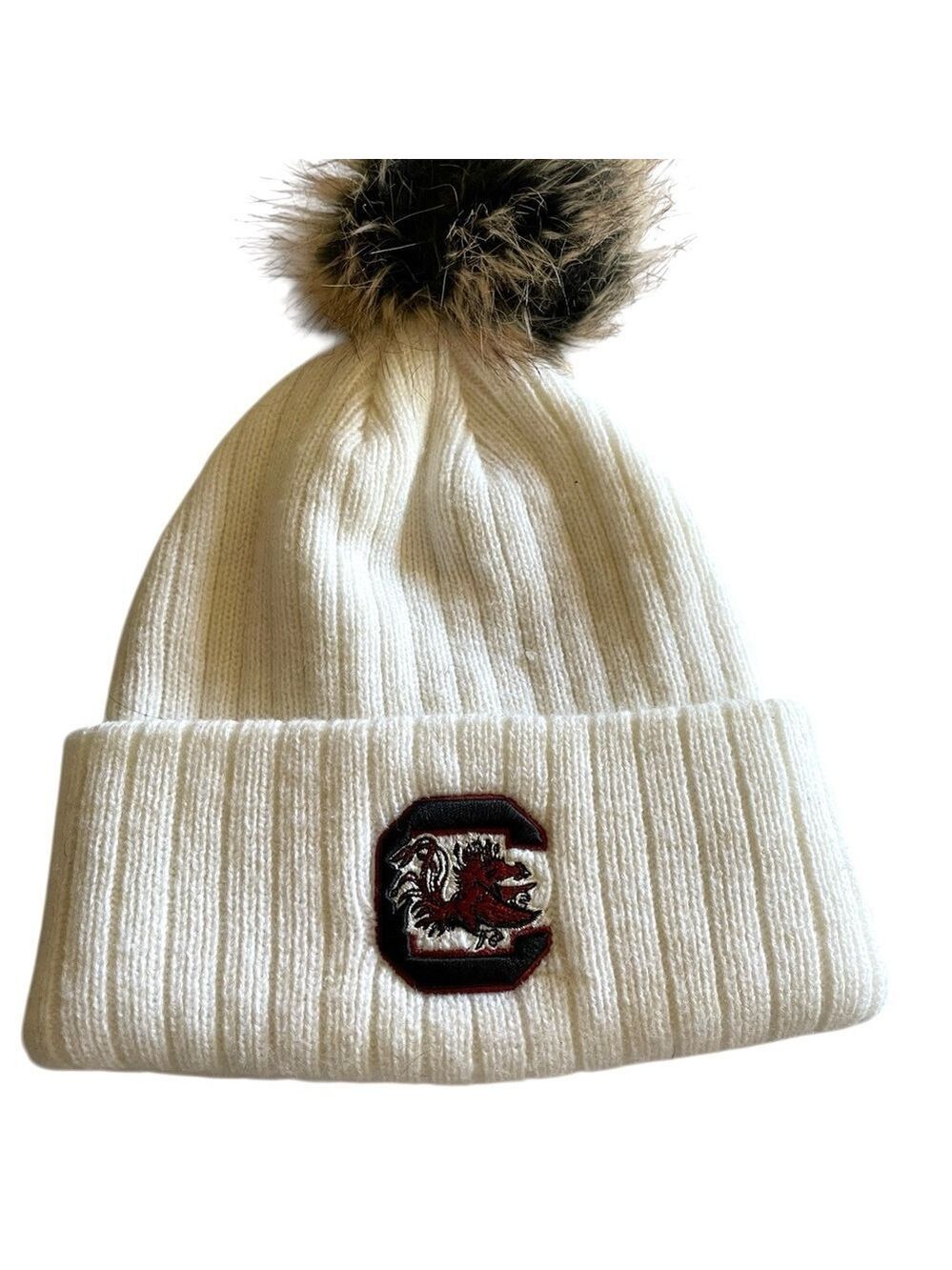 South Carolina Gamecocks White Cable Knit Pom Beanie, Front Embroidered Logo.